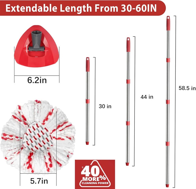 Hibaby Spin Mop Replacement Head, Base, Handle Compatible with Ocedar Mop Set EasyWring 1-Tank Microfiber Spin Mop, 2 Refills Replacement Heads, 30-58in Handle and 1 Base Combo Set - Image 4